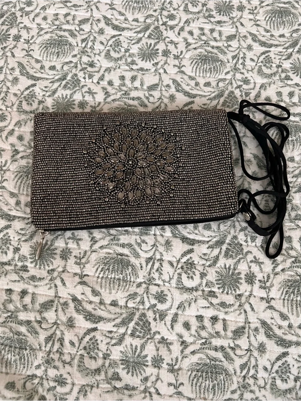 Bamboo Trading Company Embellished Black Grey Beaded Crossbody Clutch